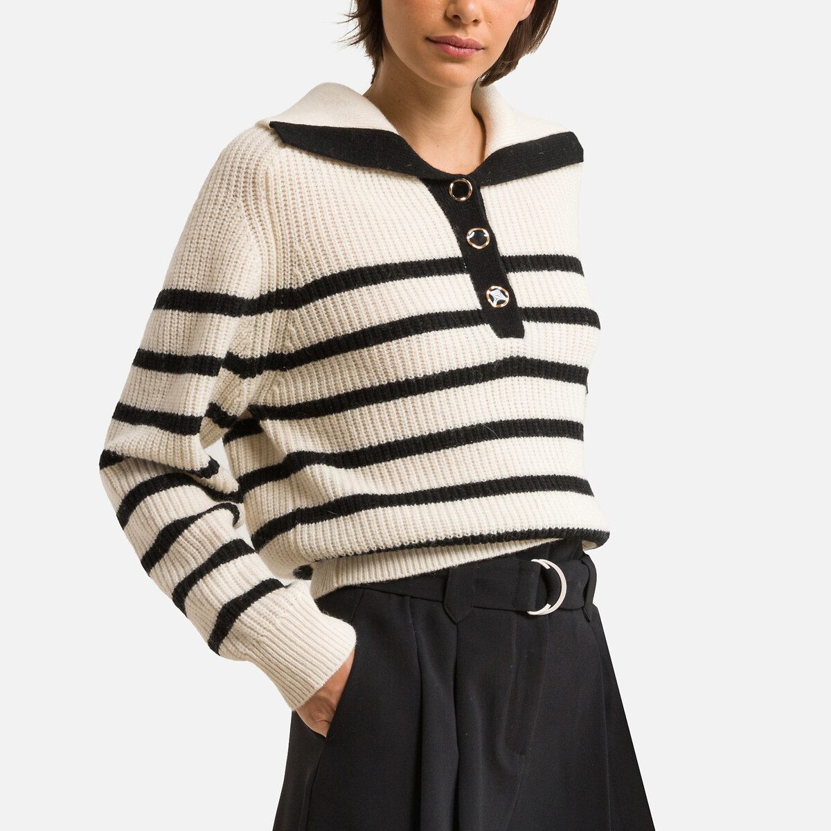 Patski Striped Ribbed Jumper in Wool Mix with High Neck