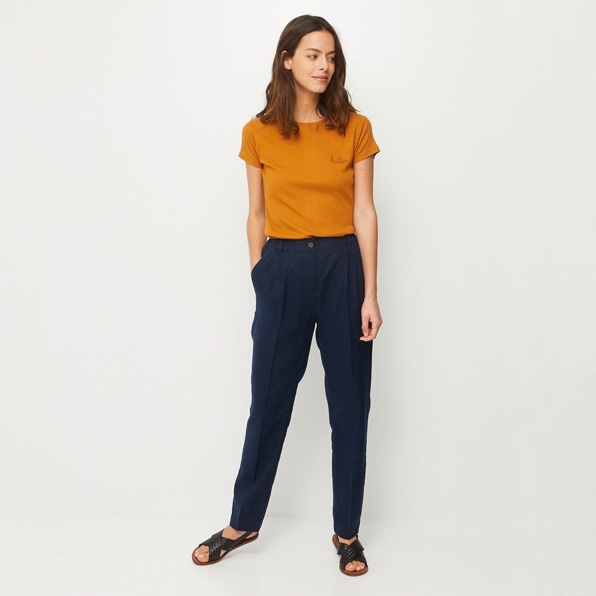 pantalon lin bleu femme