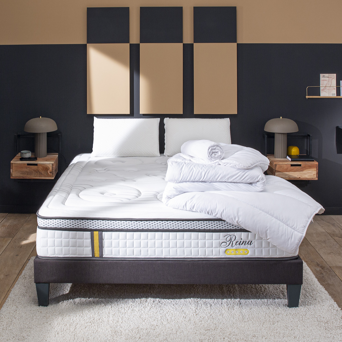 Pack prêt à dormir Reina 2.0 - Matelas + Sommier + Couette, oreillers, protège-matelas - 26 cm d'épaisseur, BELLECOUR