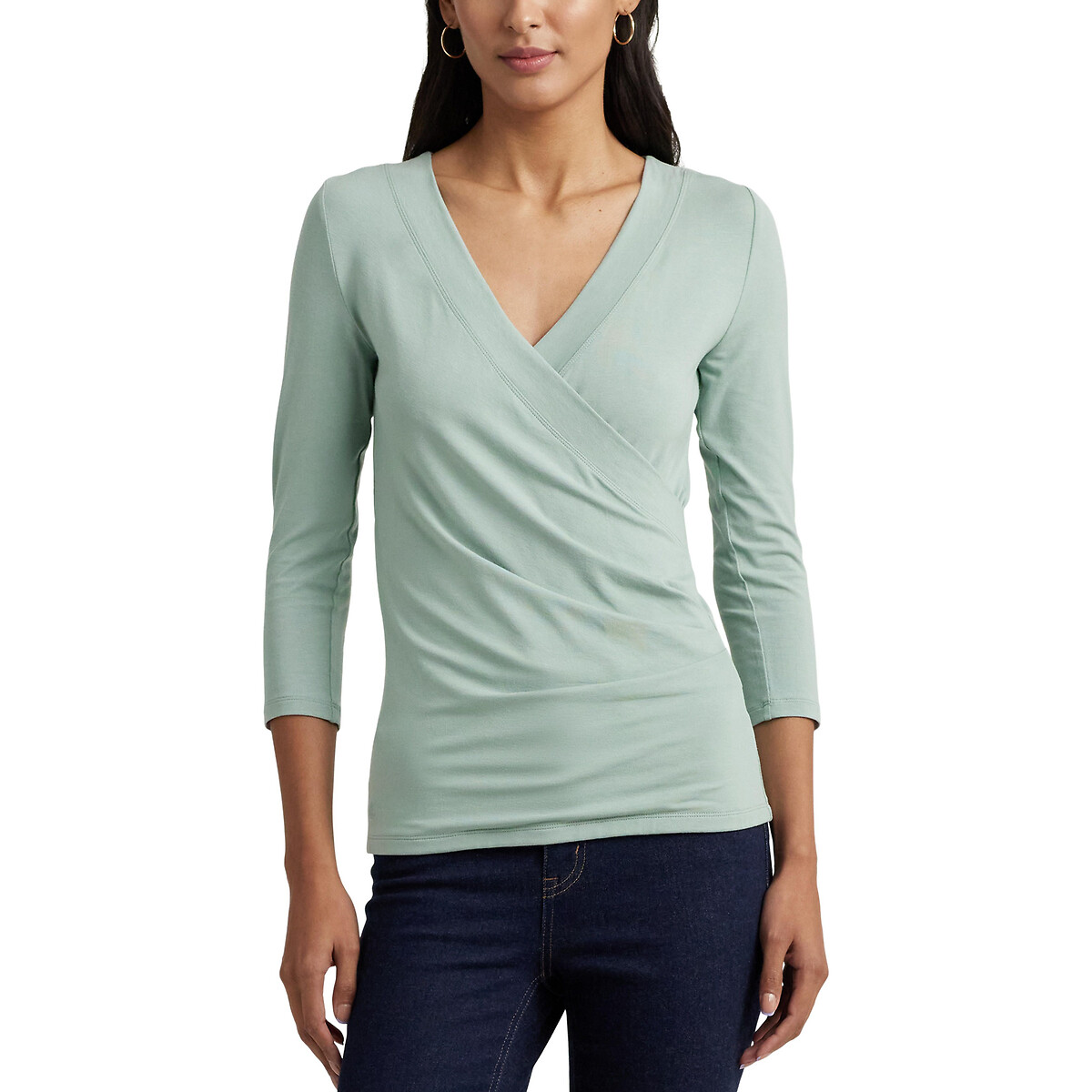 Image of Alayja T-Shirt with Crossover V-Neck and 3/4 Length Sleeves