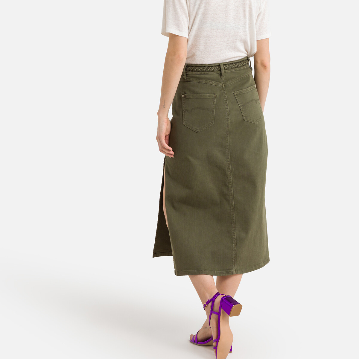 Cotton Midi Skirt with High Waist and Side Split