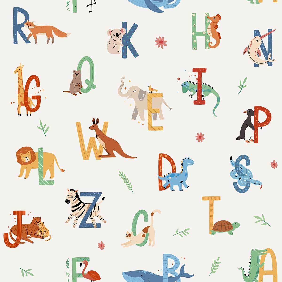 Papier peint alphabet animaux colorés enfant, HEXOA