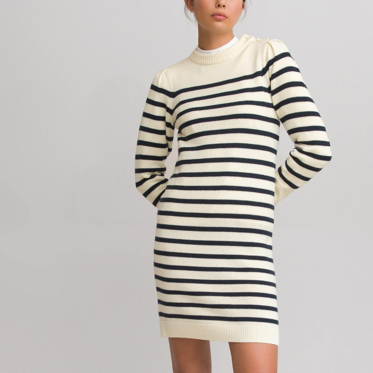 Breton striped jumper/sweater dress in recycled wool mix with long puff  sleeves blue/white striped La Redoute Collections | La Redoute