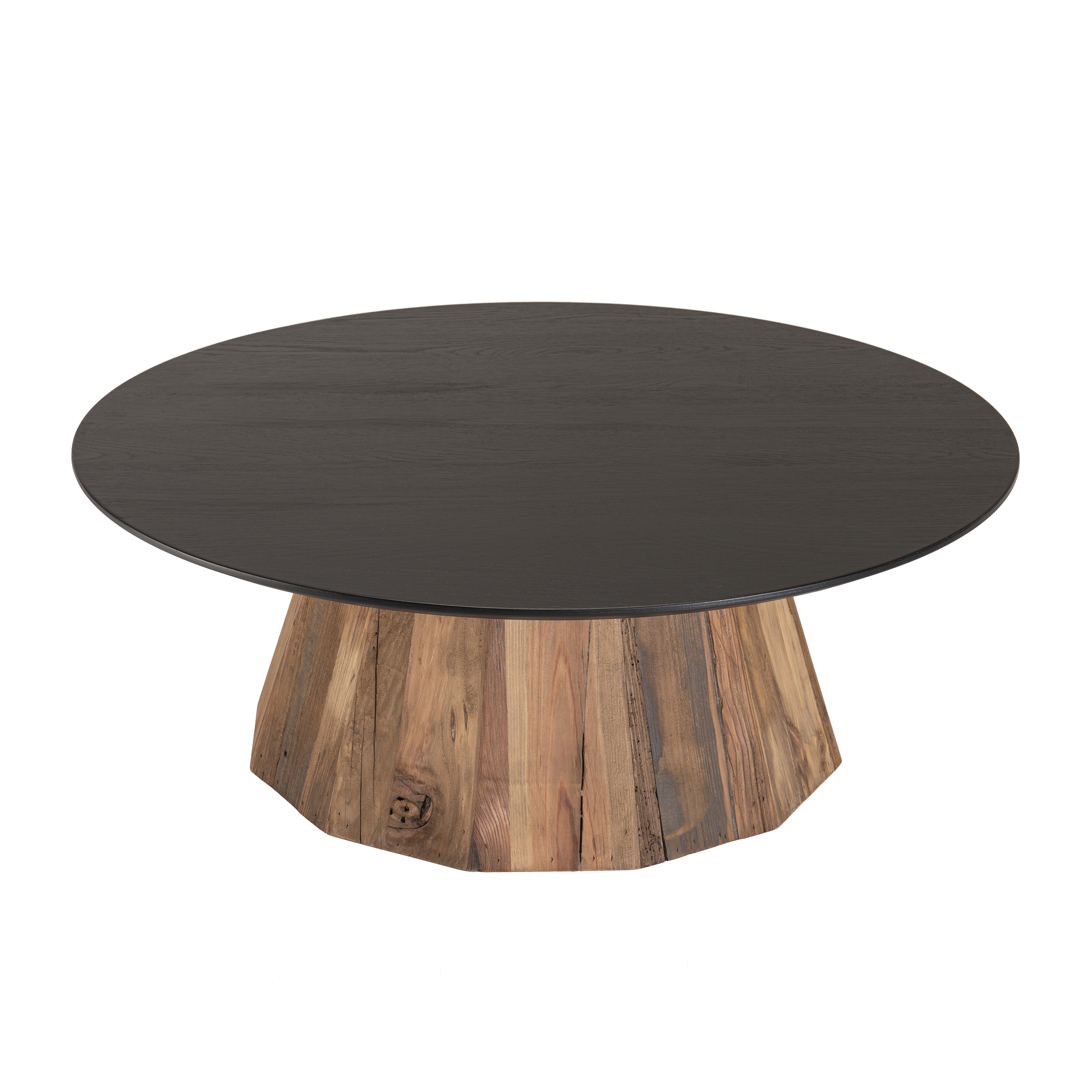 Table basse ronde 90cm en bois recyclé plateau bois noir style design CRACOVIE, PIER IMPORT