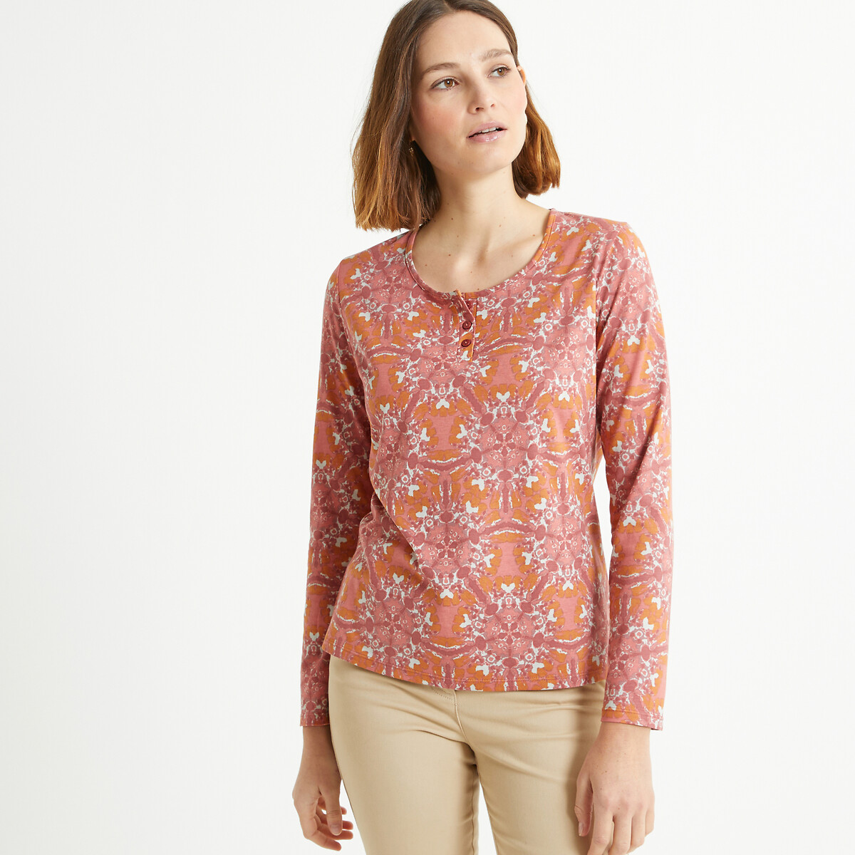 Image of Printed Cotton Mix T-Shirt with Crew Neck and Long Sleeves