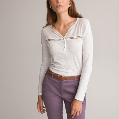 Langarm-Shirt mit rundem Ausschnitt und Knopfleiste, 100% Baumwolle ANNE WEYBURN