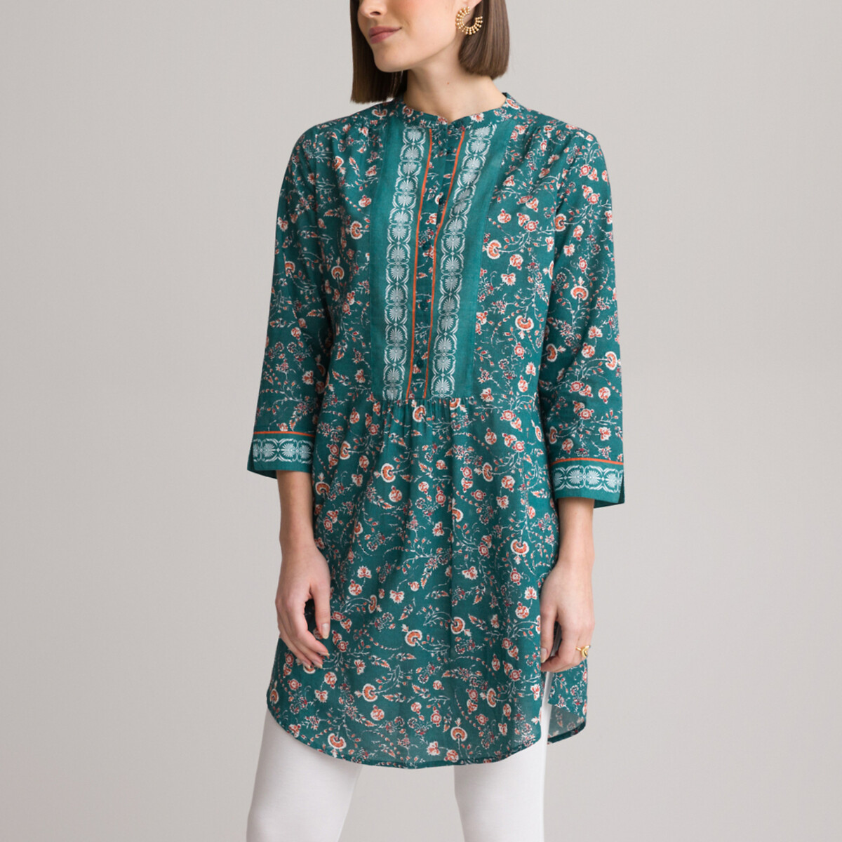 Floral Cotton Tunic with Grandad Collar and 3/4 Length Sleeves