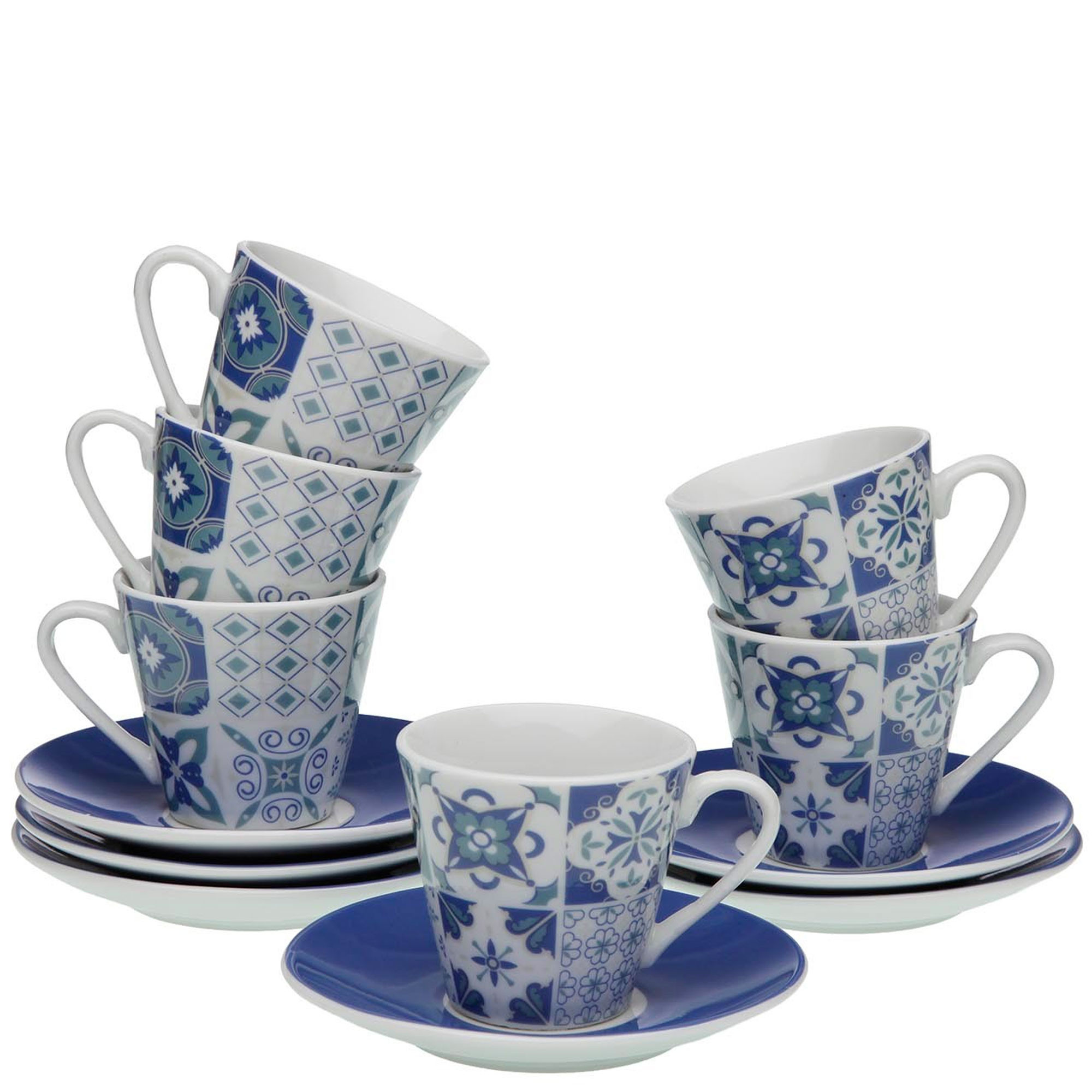 Set de 6 tasses et dessous de tasses porcelaine carreaux de ciment bleu, VERSA