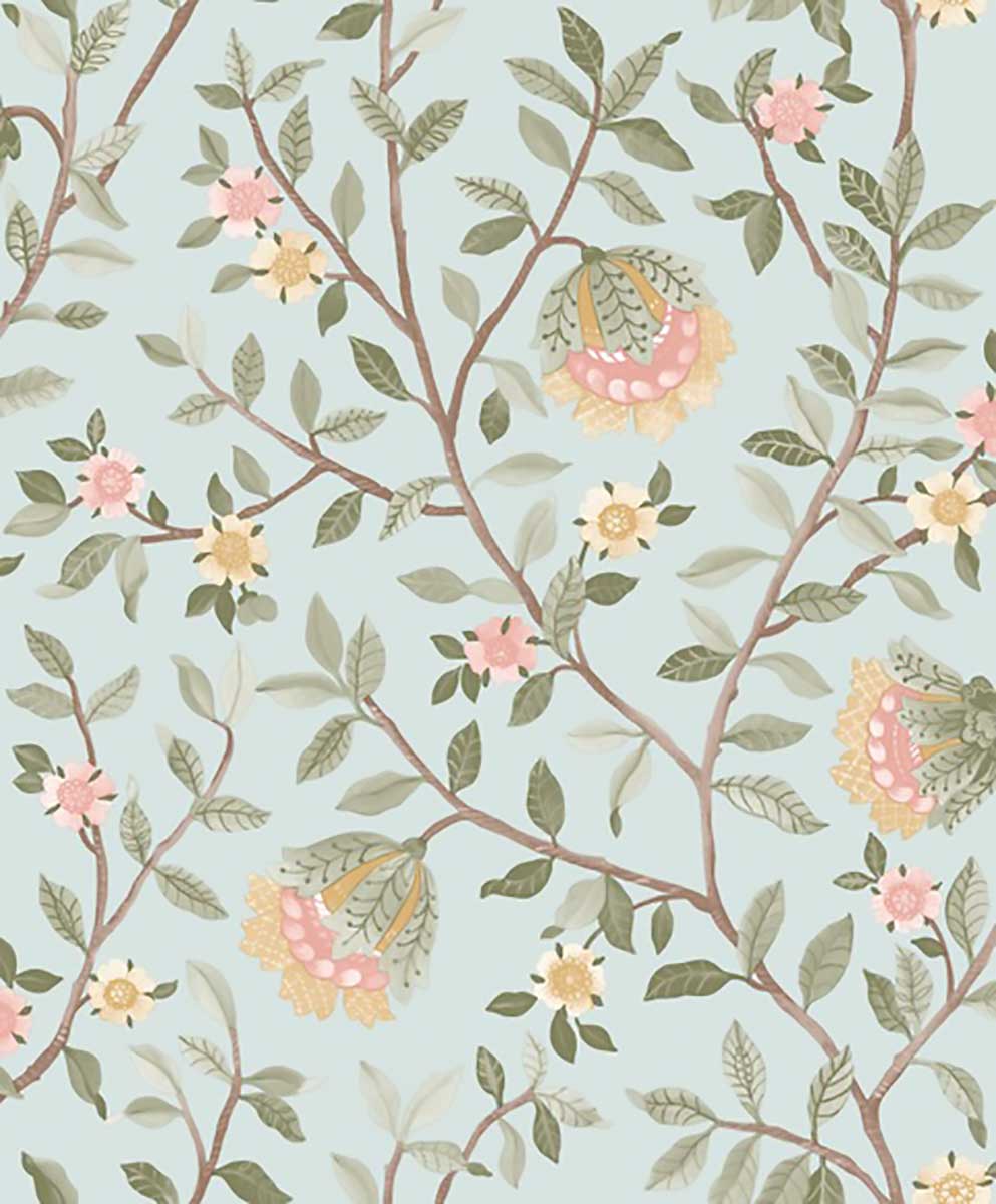 Papier peint fleuri botanique fond bleu glacier, HEXOA