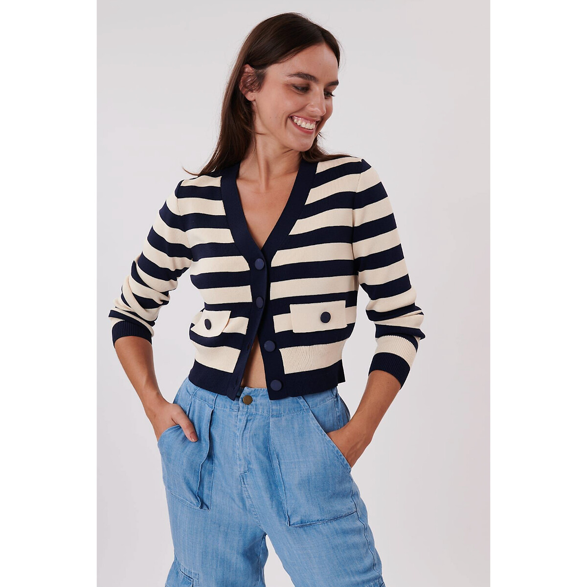 Umberta striped v neck cardigan navy ecru Derhy La Redoute