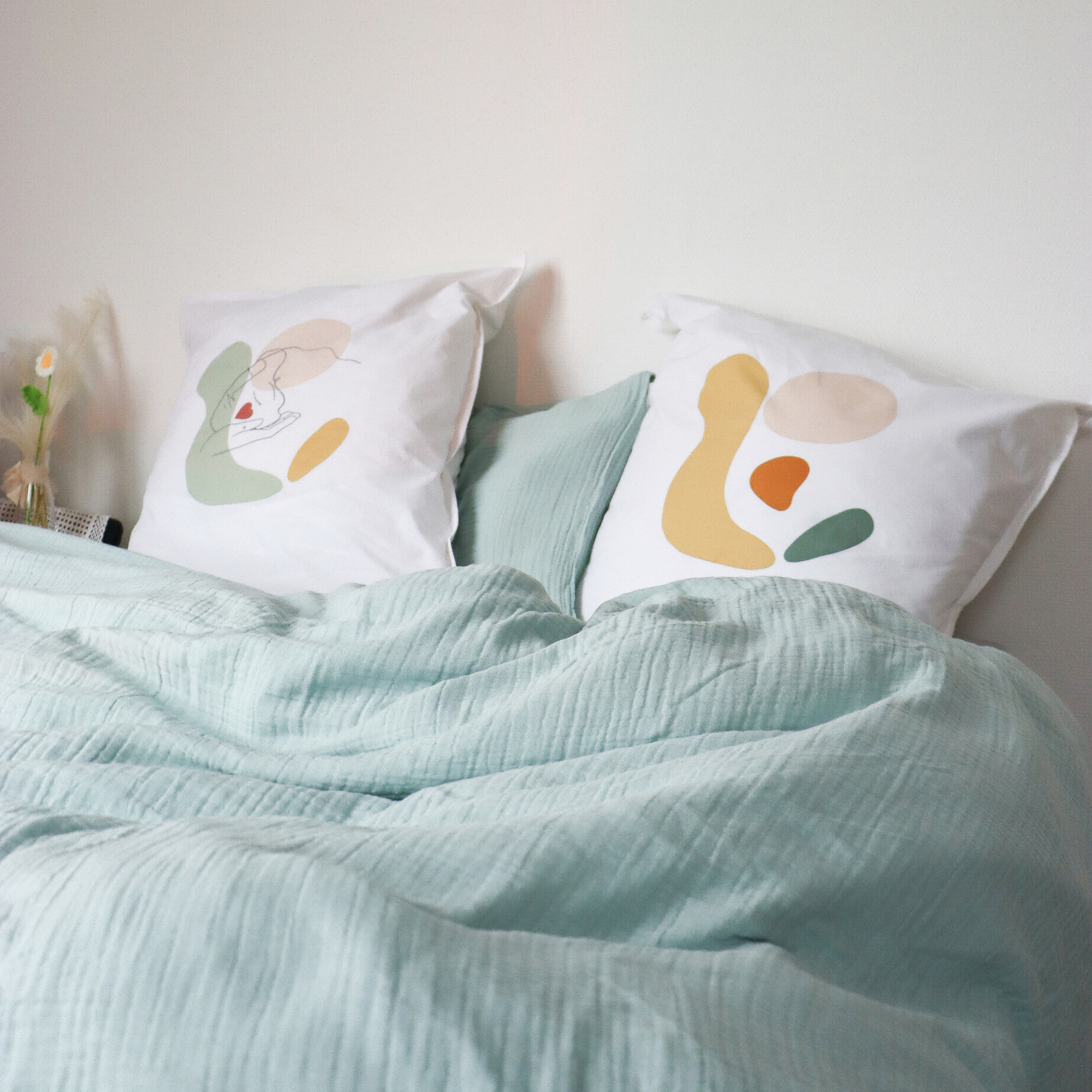 Lot de 2 taies d'oreiller réversibles en percale de coton lavé, RÊVES EN ROSE, BLANC CERISE