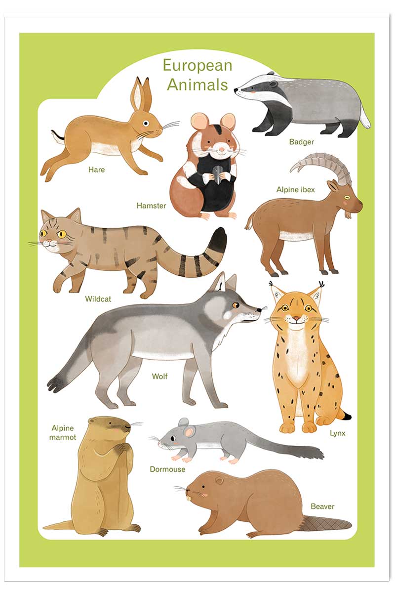 Affiche enfant animaux d'europe, HEXOA