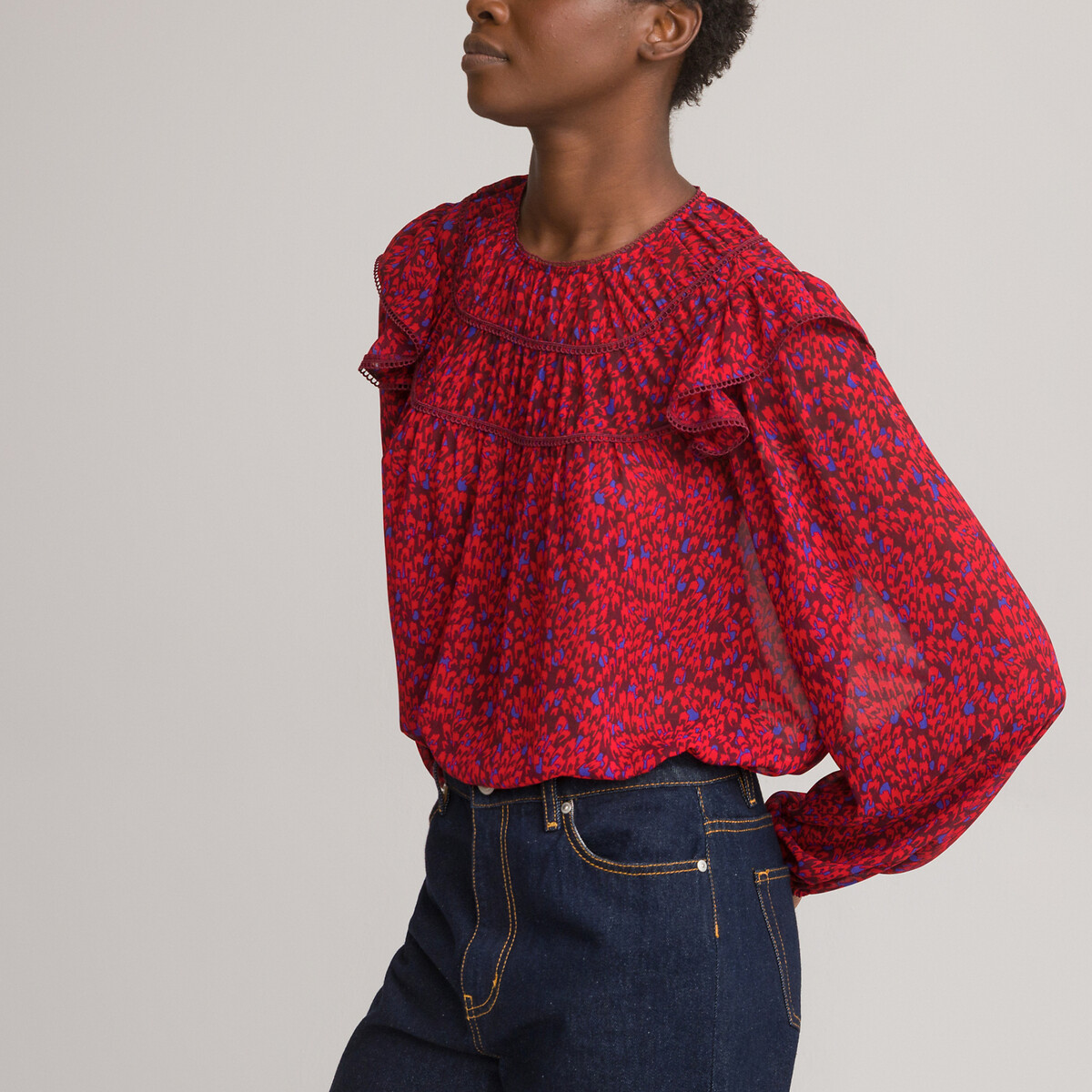 Printed Ruffle Blouse with Crew Neck