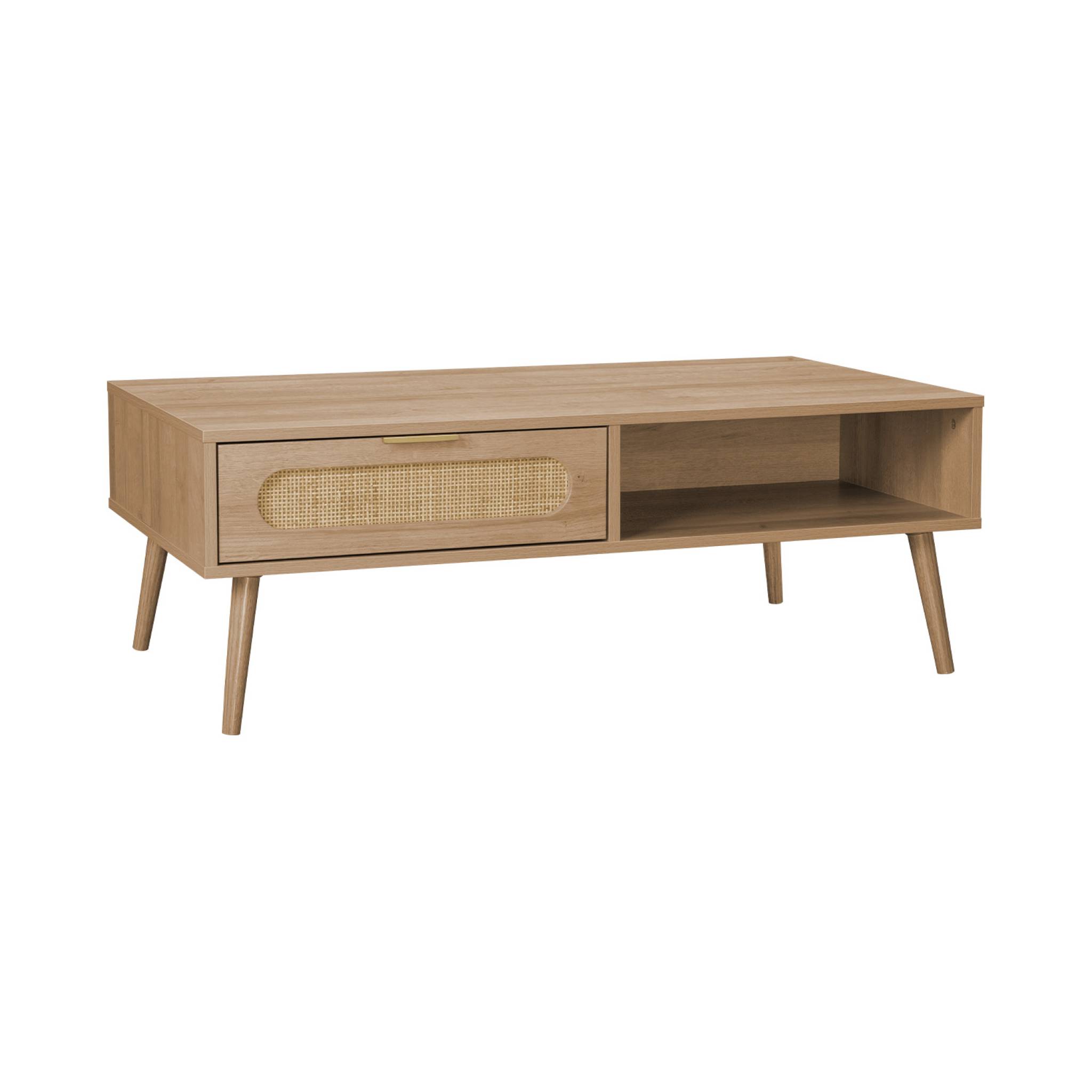 Table basse rectangulaire décor bois et cannage arrondi 1 tiroir EVA, SWEEEK