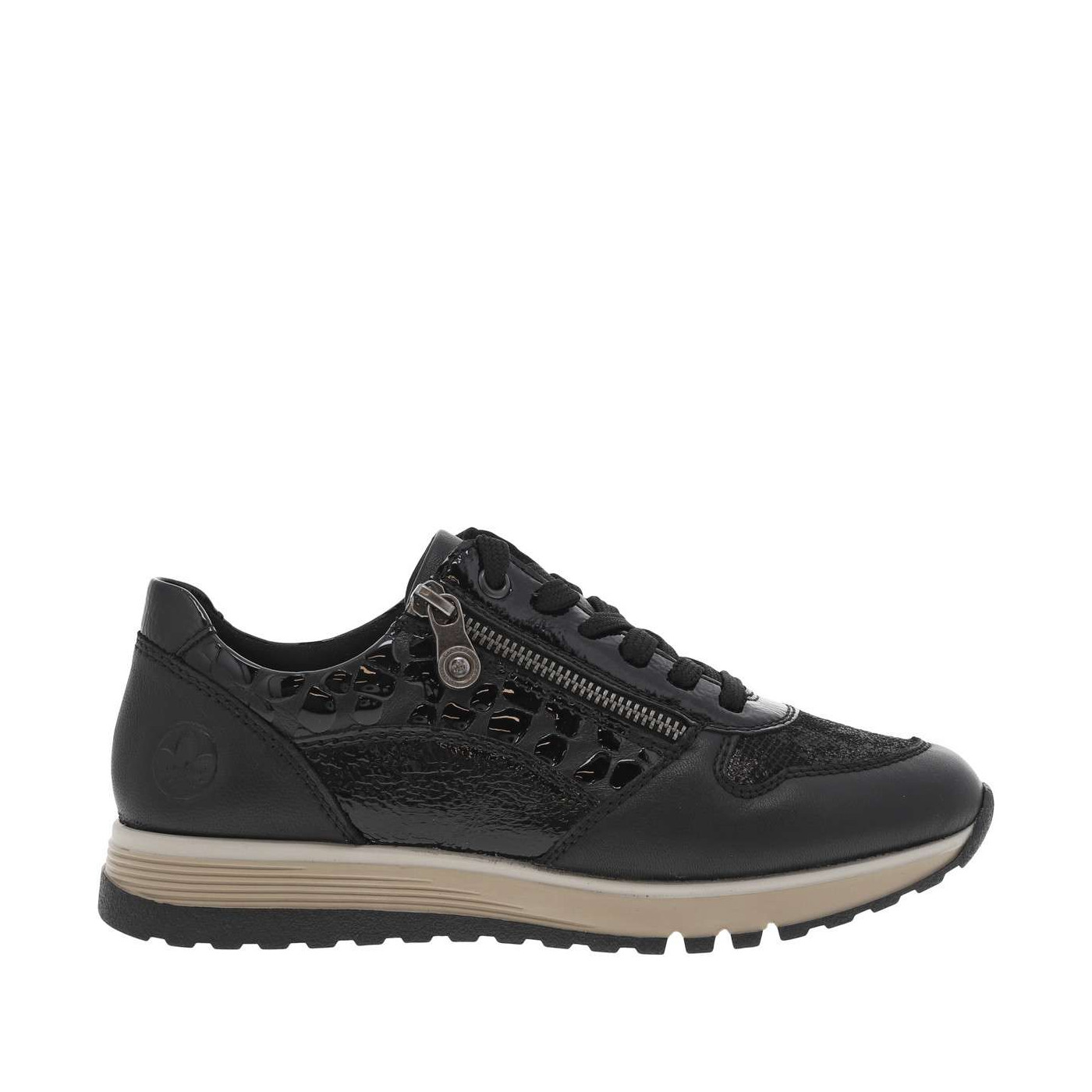 Baskets running noires à semelles plates avec lacets noirs plats et zip, RIEKER