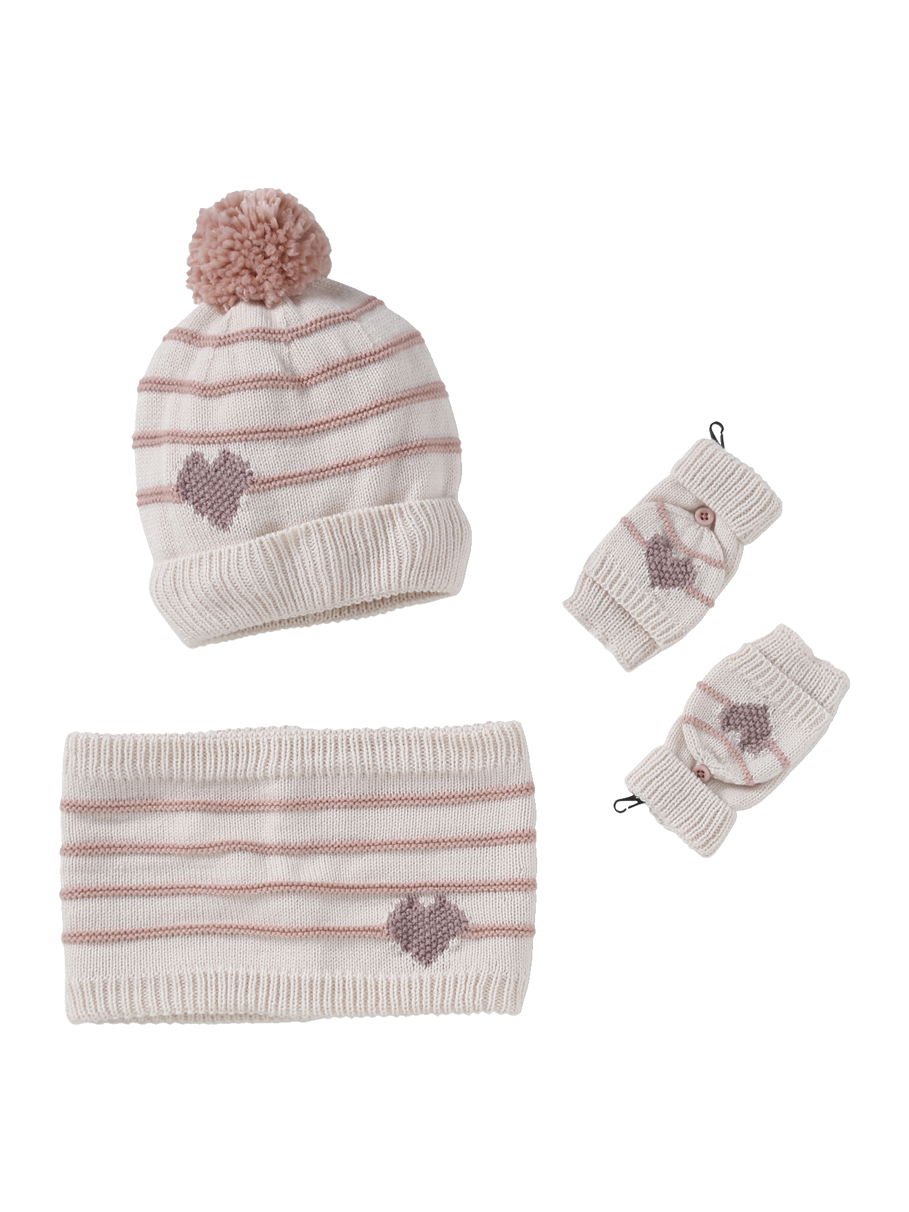 Ensemble bonnet + snood + moufles/mitaines rayures/coeur, VERTBAUDET