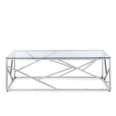 Table basse rectangulaire design en verre et en métal argent L120 - ROMY HELLIN, DEPUIS 1862