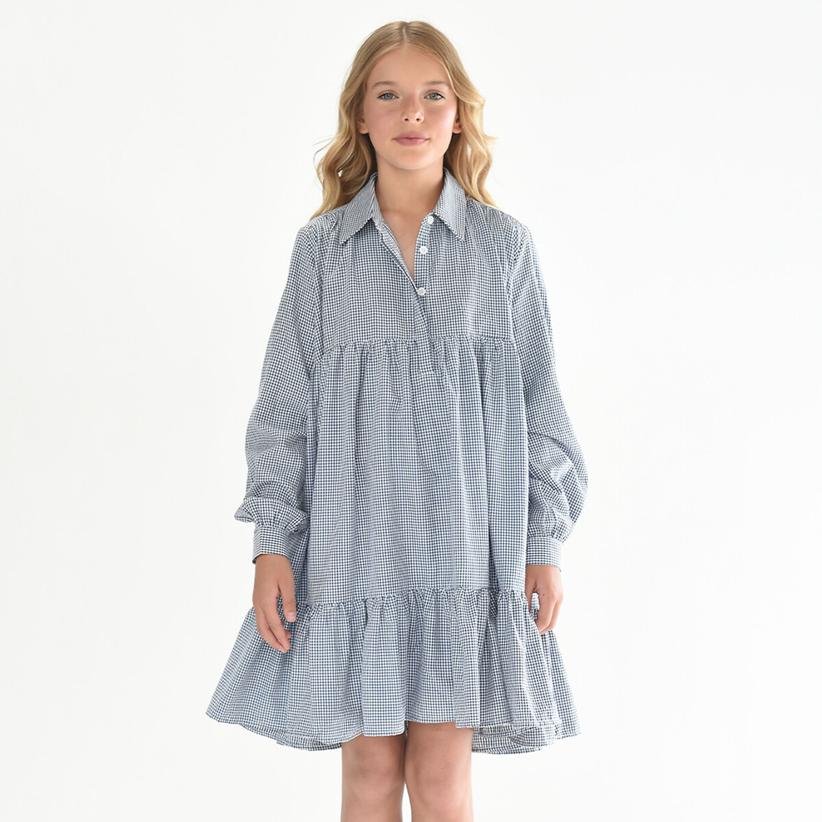 Gingham cotton tiered dress, 8-16 years 