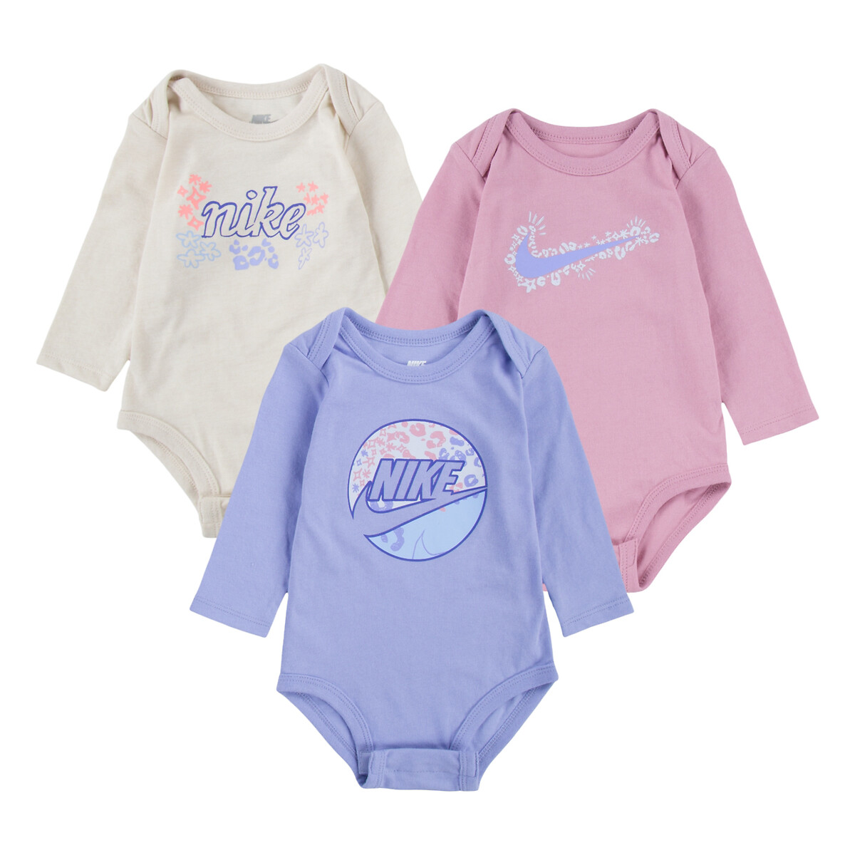 Image of Pack of 3 Bodysuits with Logo Print and Long Sleeves in Cotton Mix