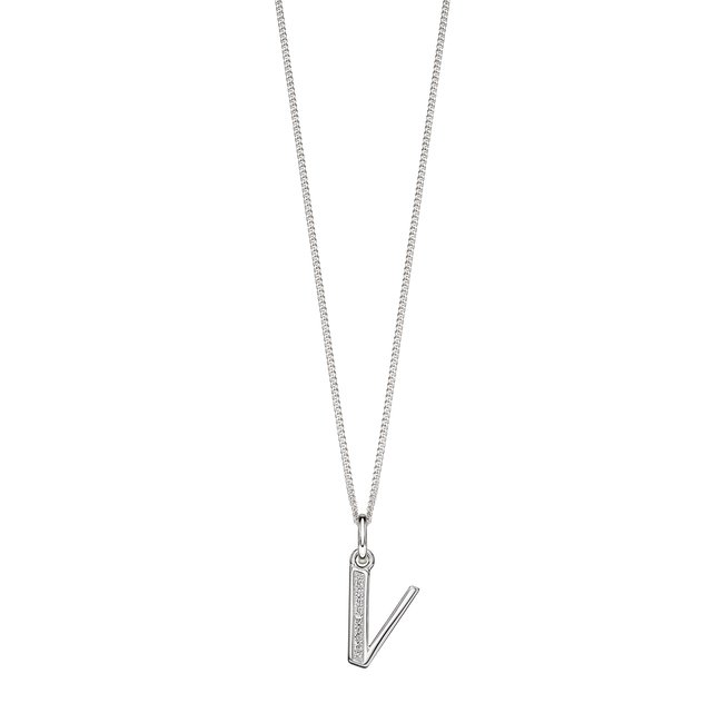 Sterling Silver Art Deco Initial 'V' Pendant with Cubic Zirconia Stone Detail, silver-coloured, BEGINNINGS