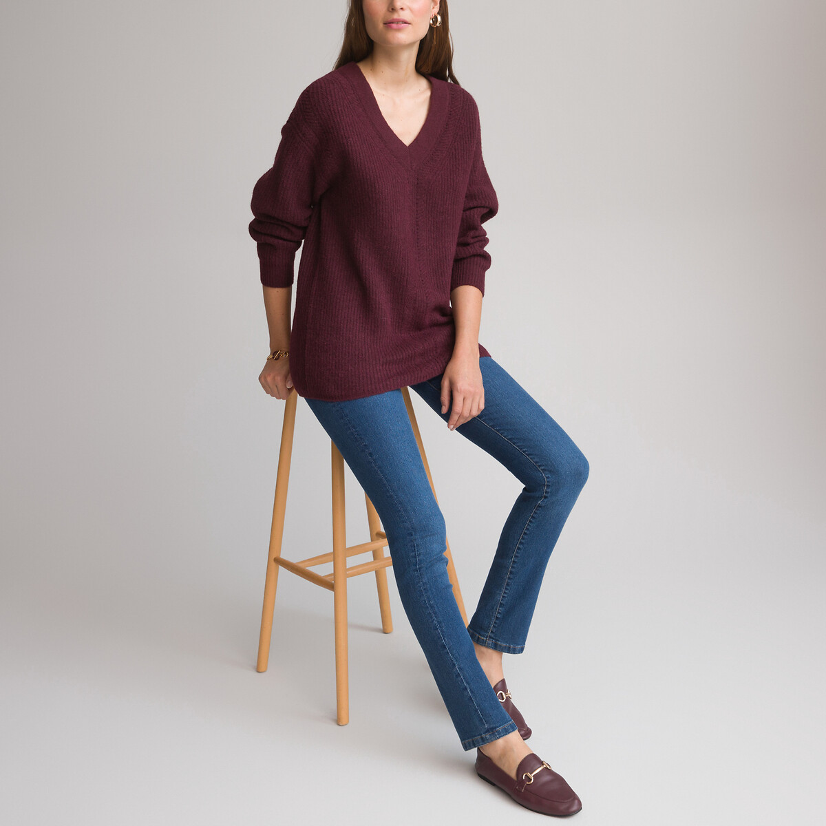 Recycled Tunic Jumper with V-Neck in Fine Knit