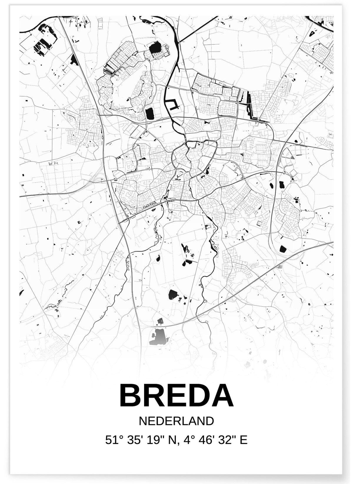 Affiche carte Breda - rectangle Noir et Blanc, L'AFFICHERIE