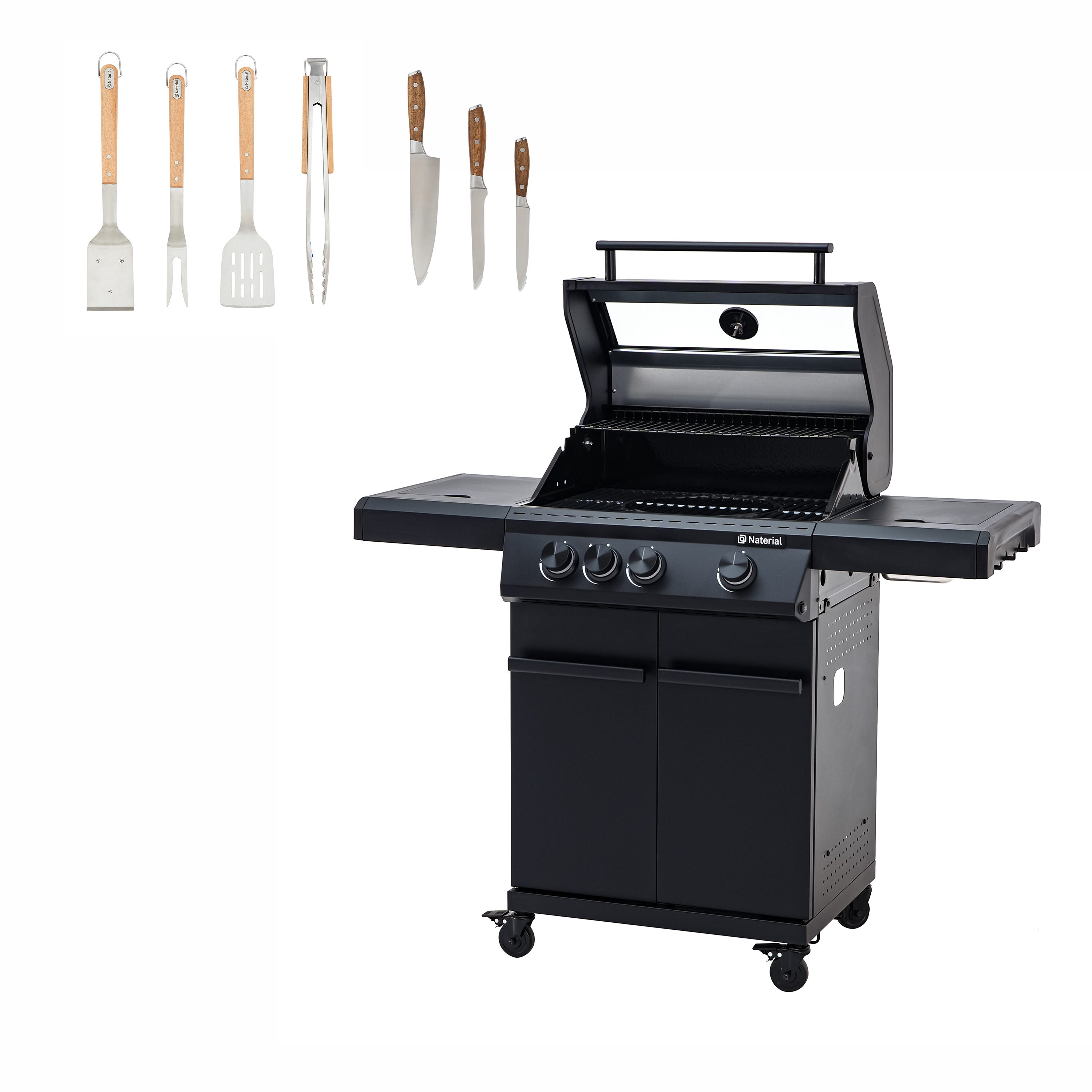 Barbecue à gaz 3 brûleurs et sets d'accessoires et de couteaux, HUDSON II, NATERIAL