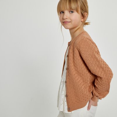 Cotton Openwork Knit Cardigan with Crew Neck LA REDOUTE COLLECTIONS
