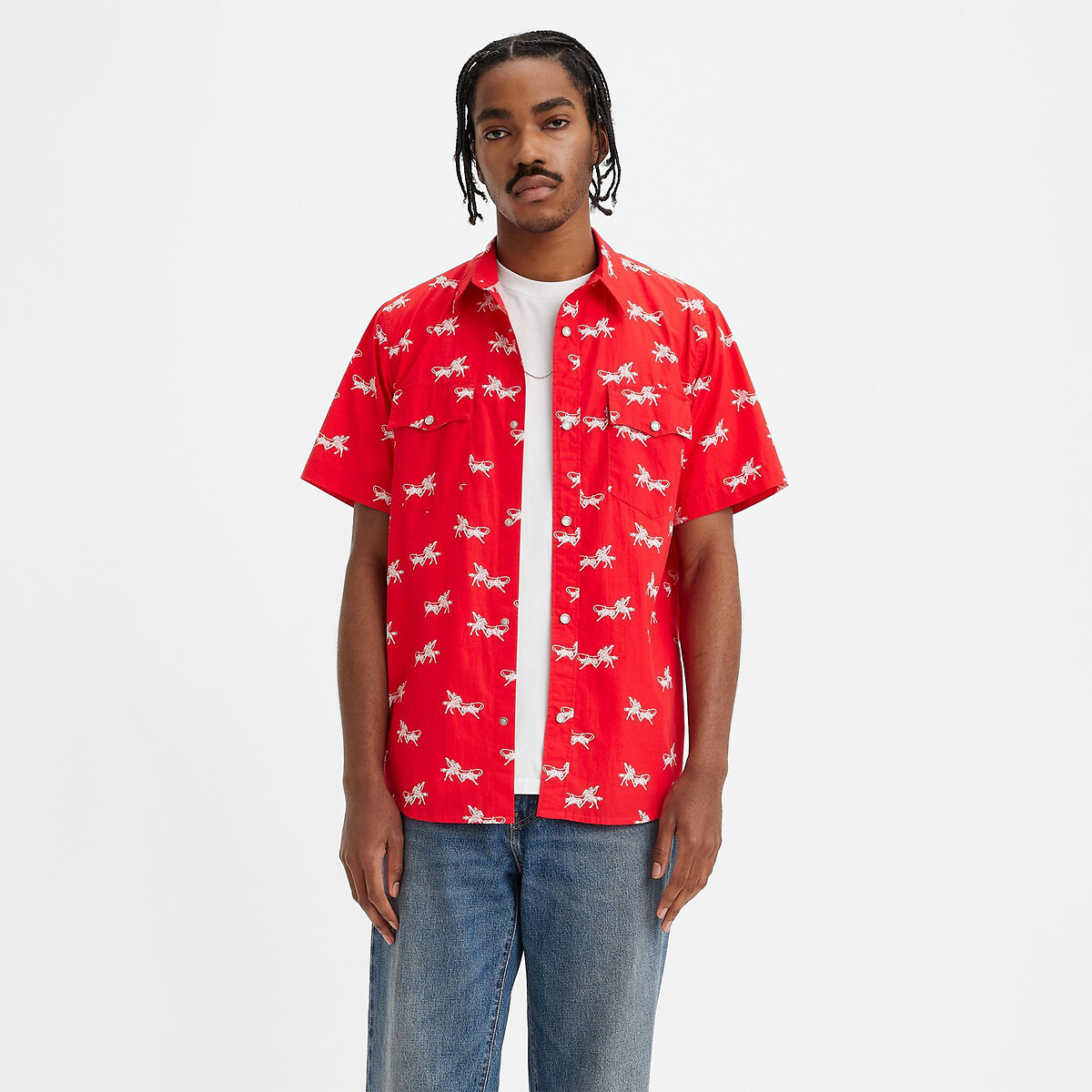 Image of Cotton Oversize Western Shirt with Short Sleeves