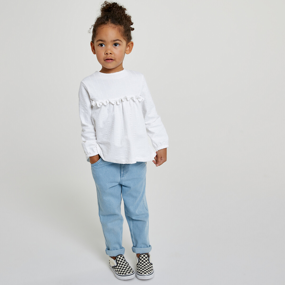 Pack of 2 t-shirts with ruffle and long sleeves in cotton, white + blue ...
