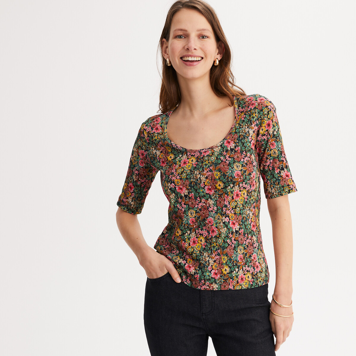 T-shirt met ronde hals, korte mouwen, bloemenprint