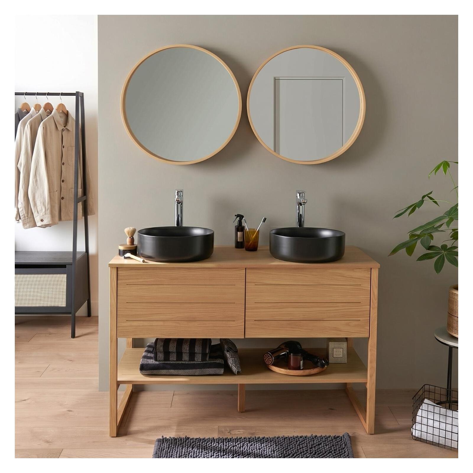 Meuble double 120cm chêne vasques noires robinets miroirs ATOLL, MOB IN