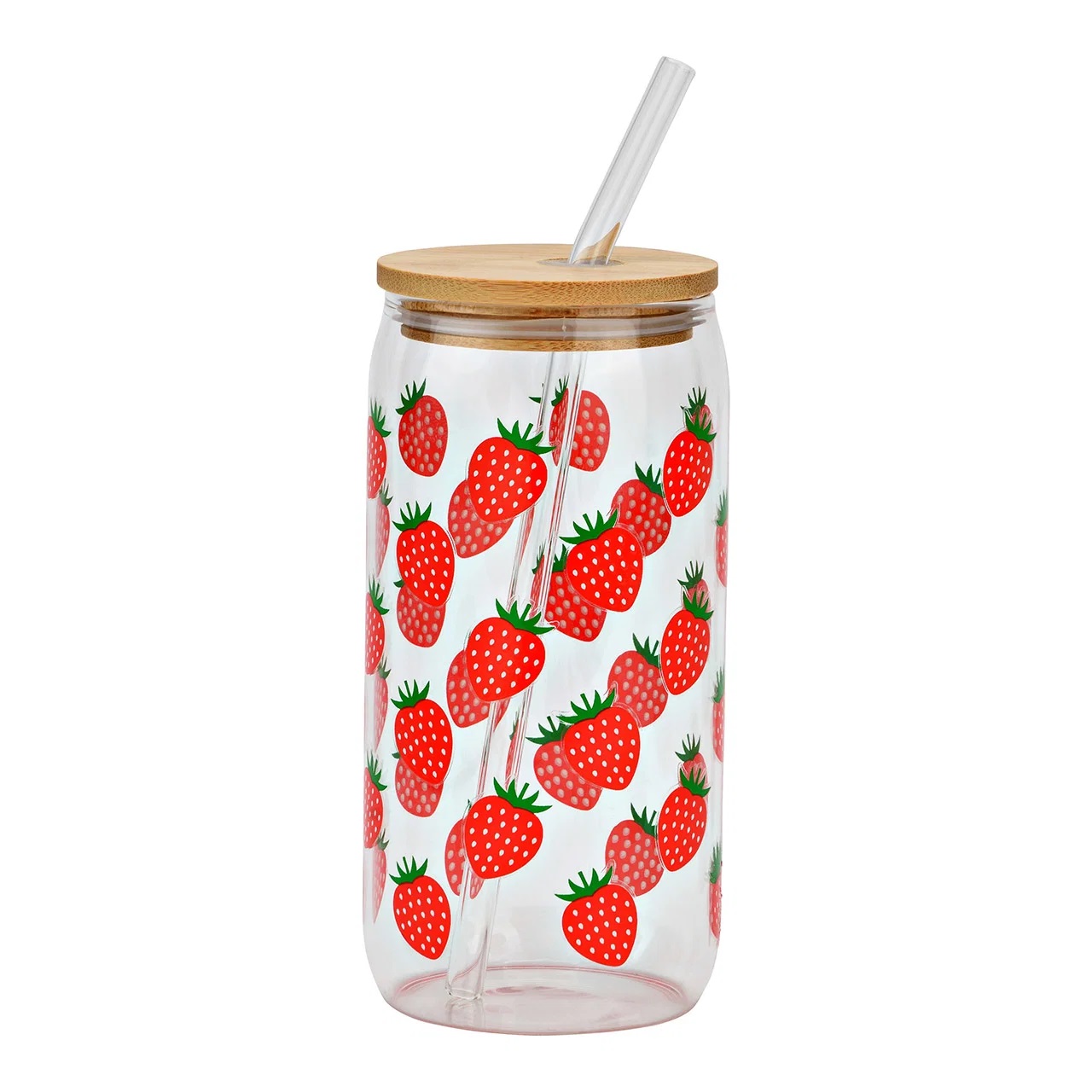 Gourde avec couvercle et paille en verre Fraises, EDEN