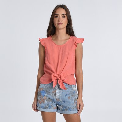 Cotton Tie-Front Blouse with Short Ruffled Sleeves MOLLY BRACKEN