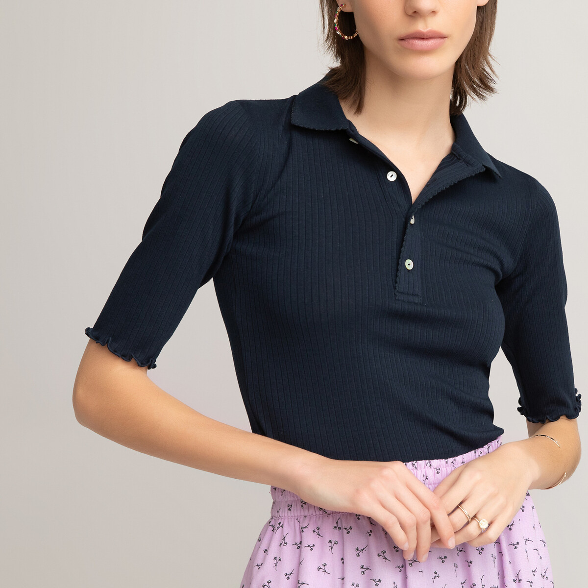 Ribbed polo shirt with short sleeves, navy blue, La Redoute Collections