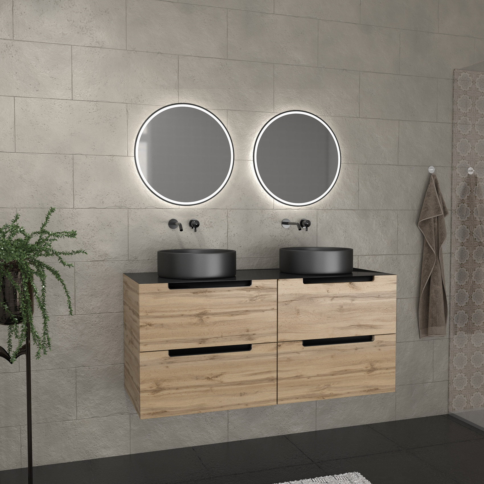 Meuble de salle de bains avec 2 vasques rondes et 2 miroirs ronds à led noir, HOME MAISON