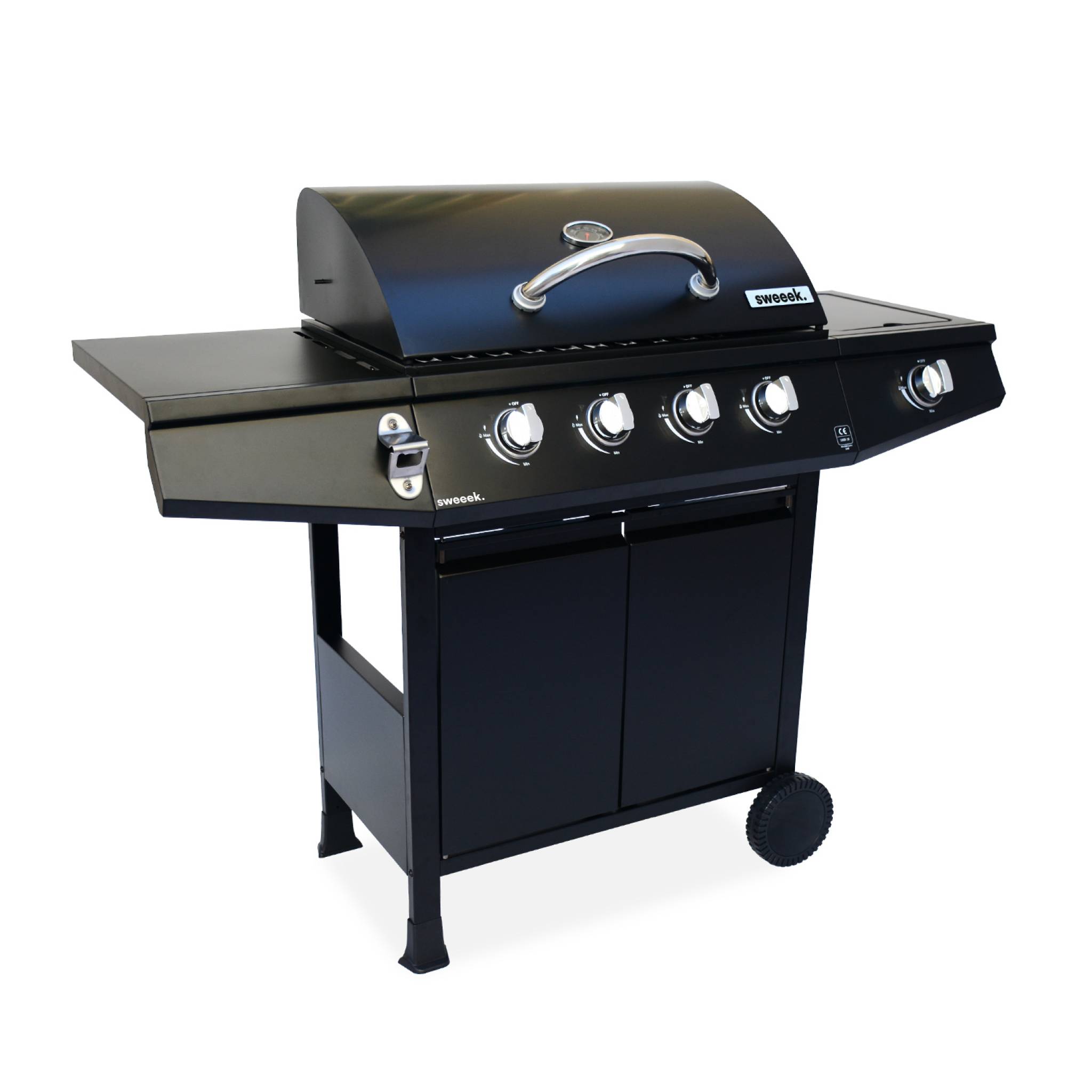 Barbecue gaz 4 brûleurs + 1 feu latéral avec roues, tablettes et thermomètre TREVILLE 4, SWEEEK