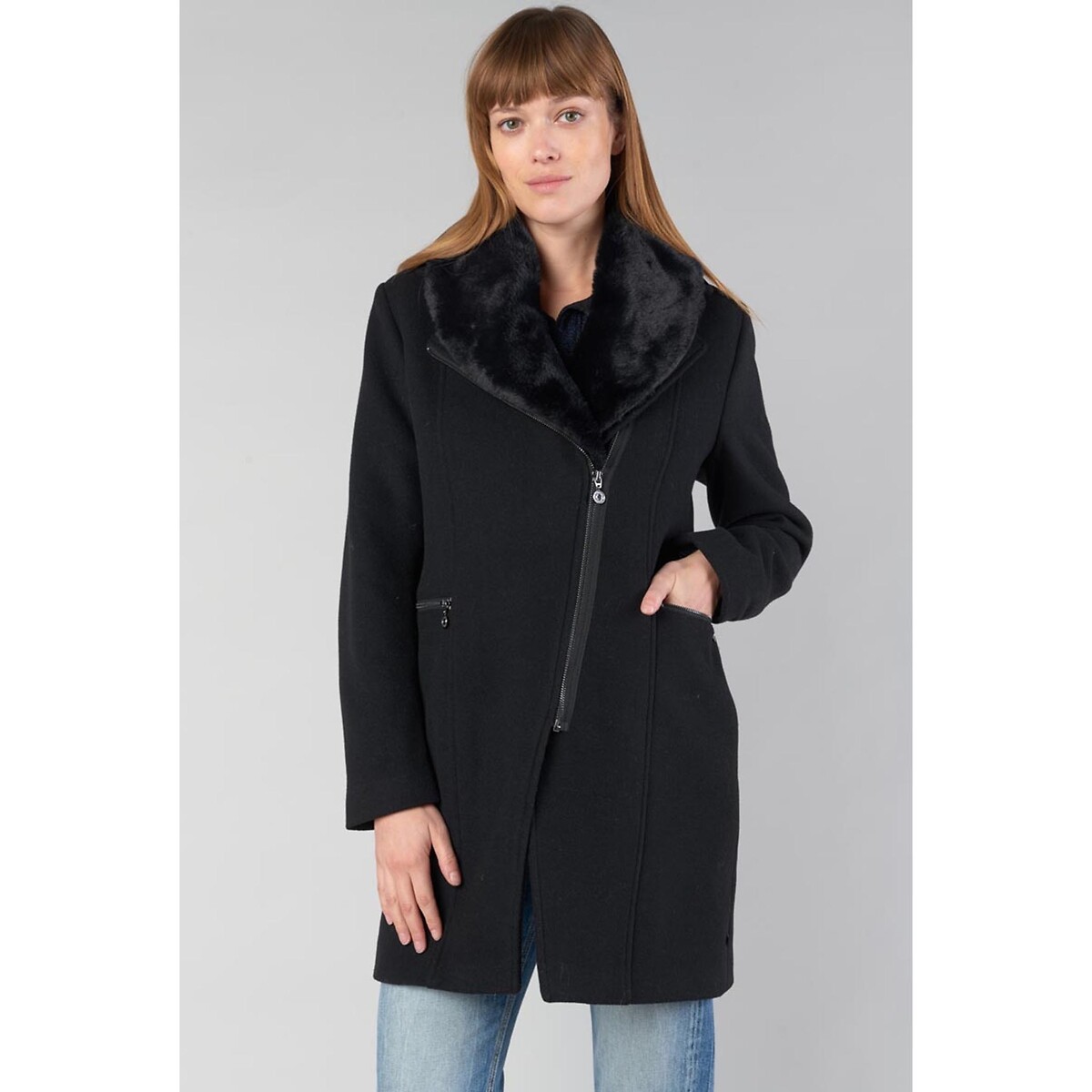 Wool Mix Long Coat with Zip Fastening