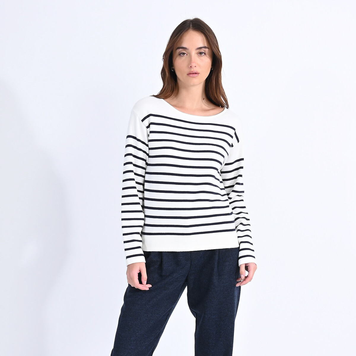 Breton striped jumper/sweater with crew neck white/navy blue Molly ...