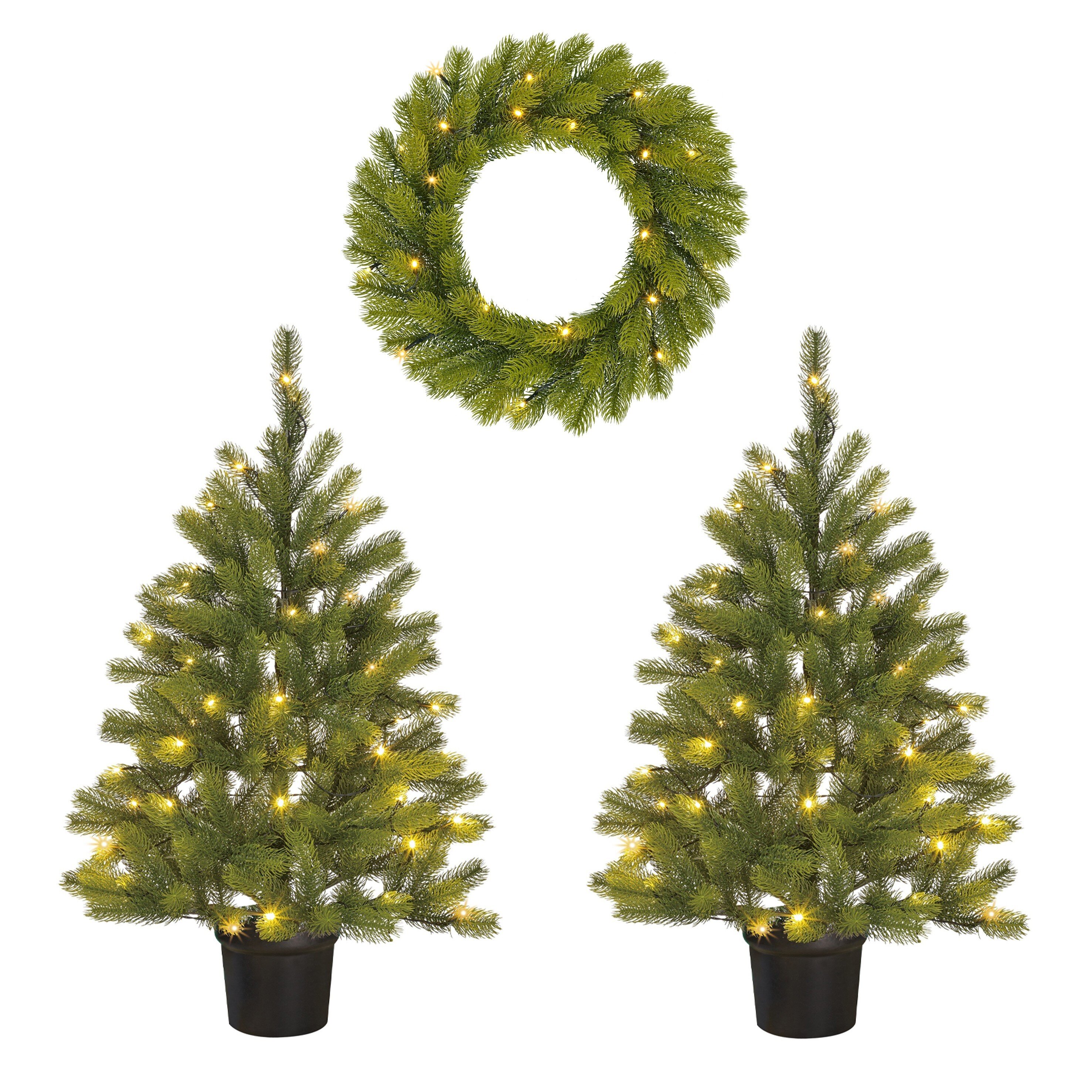 Lot de 2 sapins de Noël et 1 couronne d’extérieur avec LED NAGOYA, BLACK BOX TREES