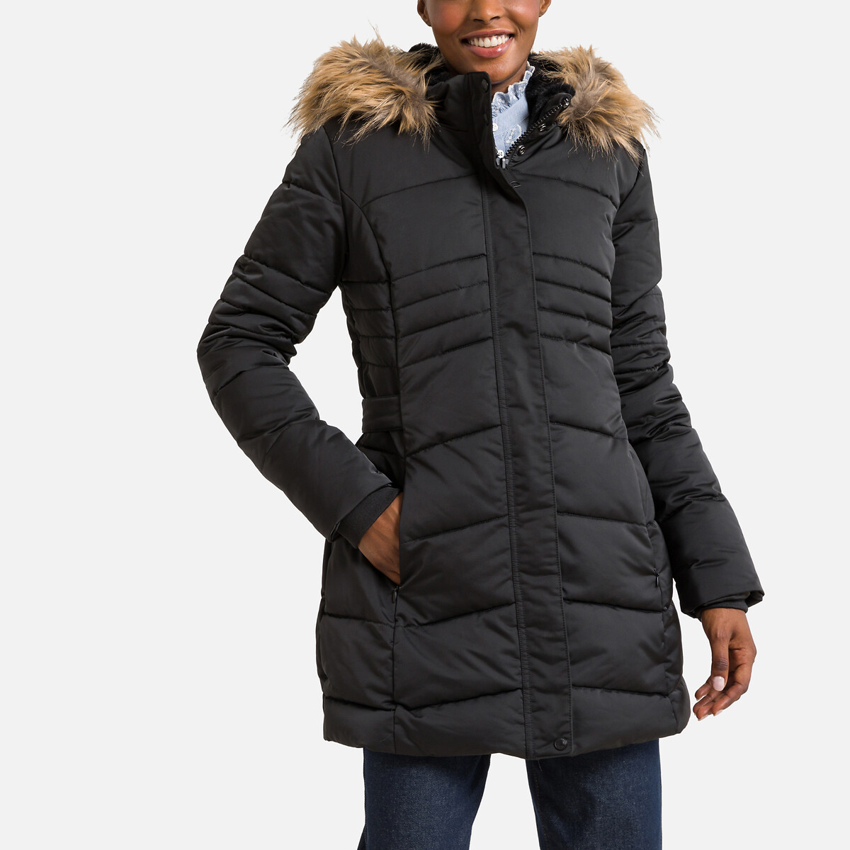 Oprah W Padded Jacket with Hood and Faux Fur Trim
