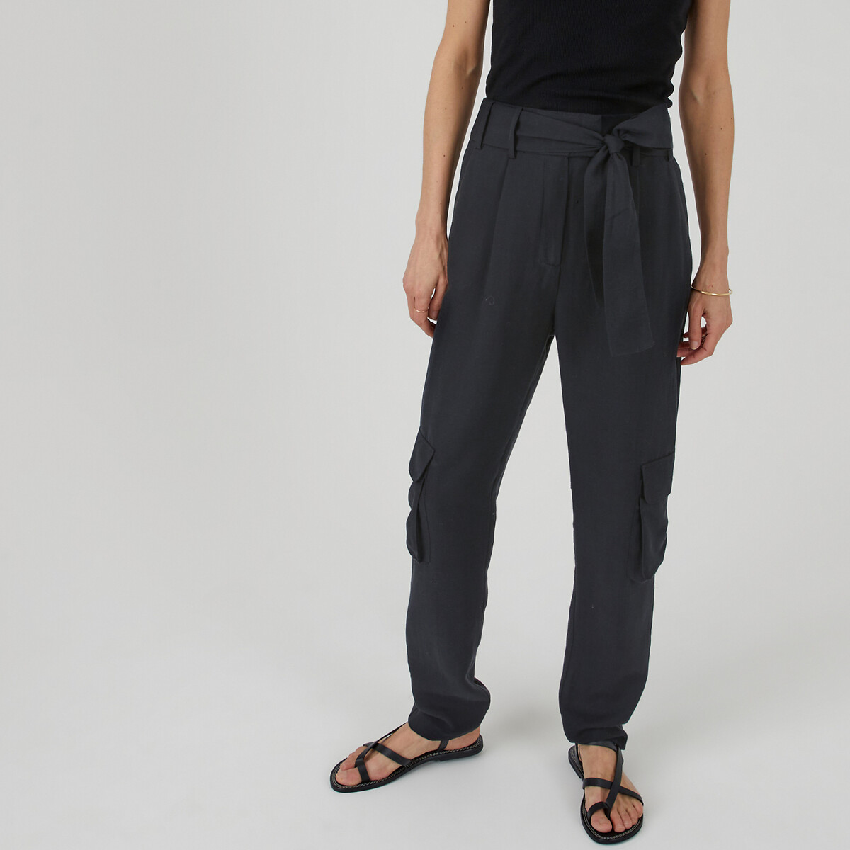 Pantalon cigarette lyocell et lin poches battle La Redoute Collections noir La Redoute