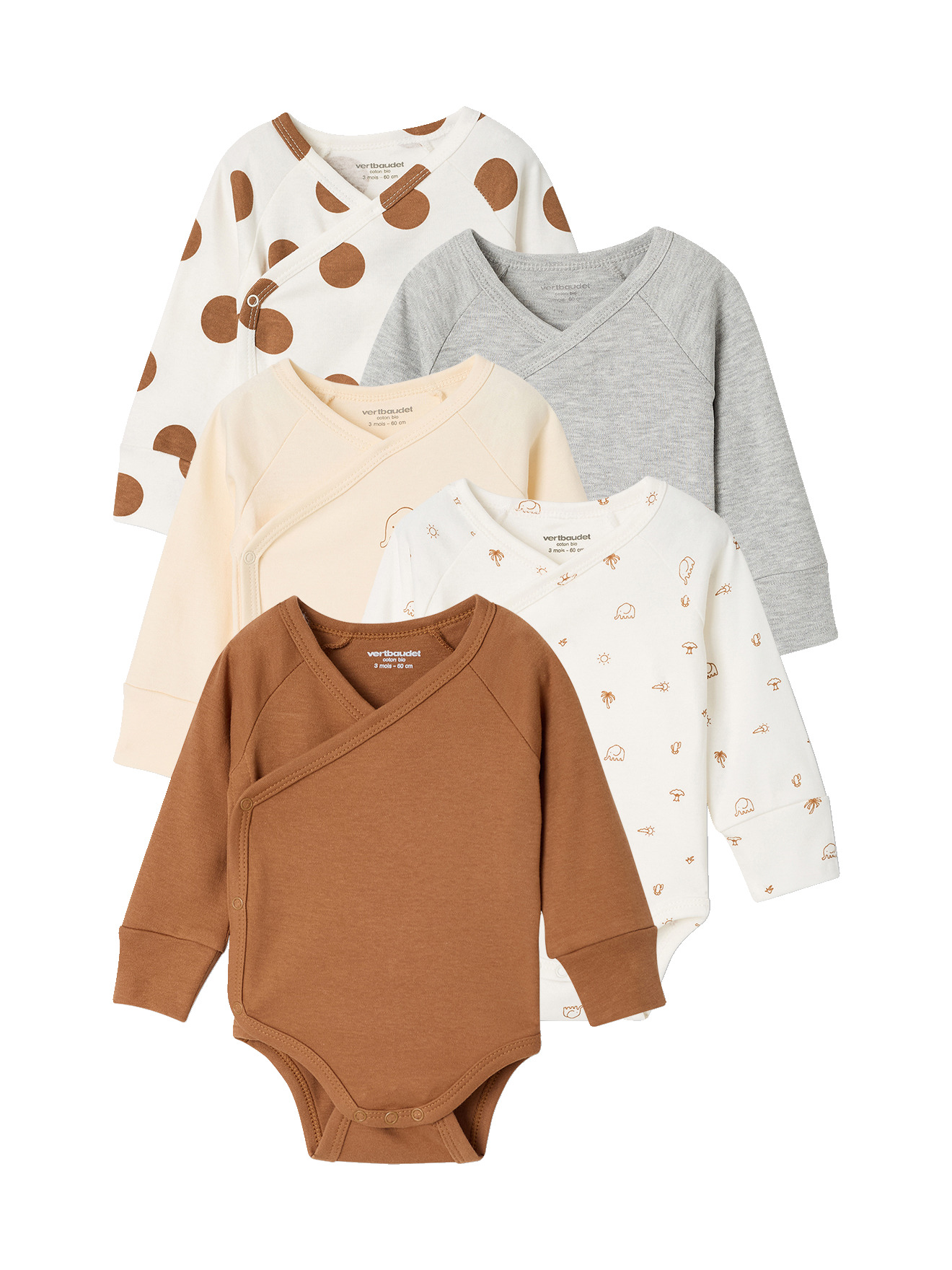 Lot de 5 bodies manches longues, VERTBAUDET