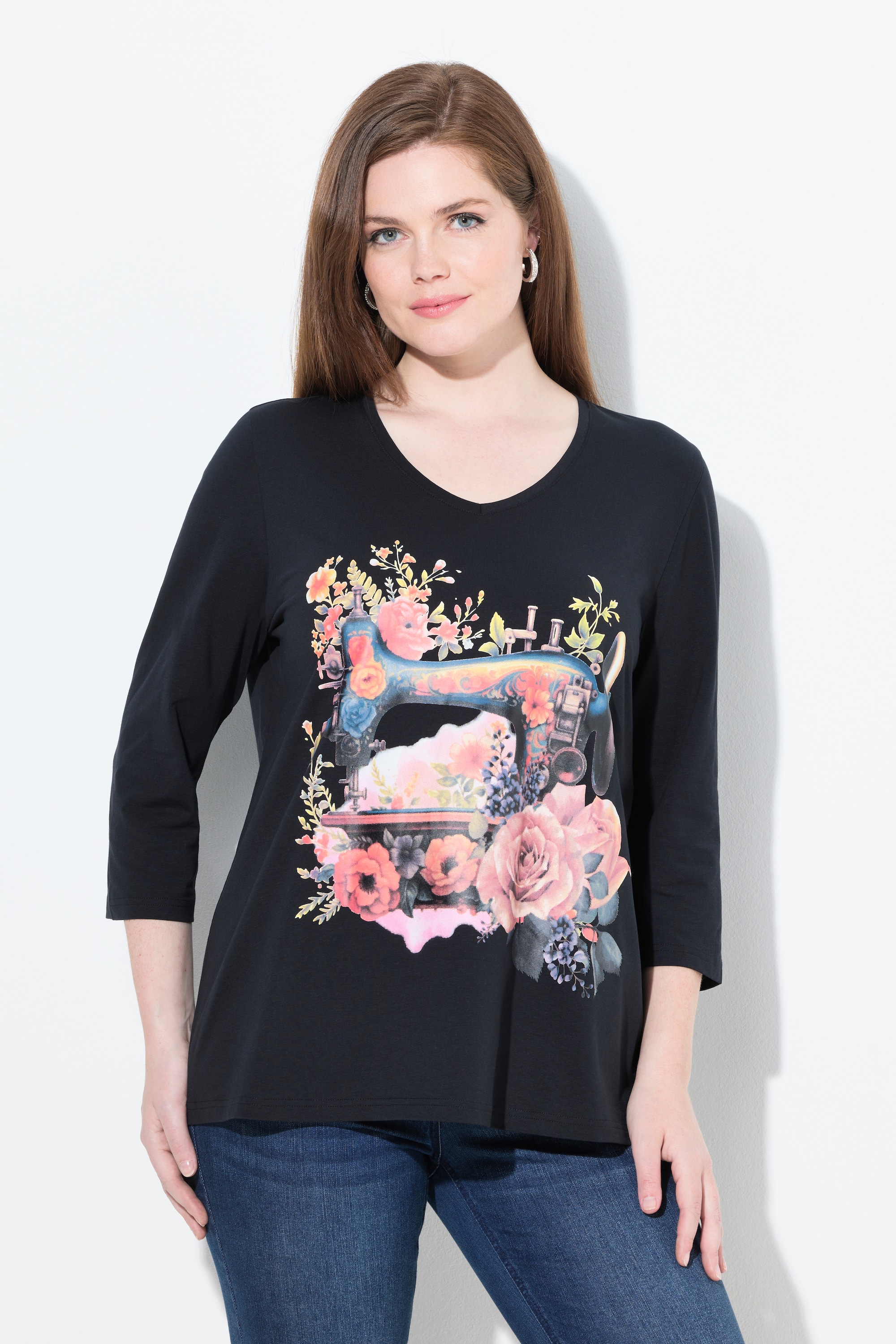 T-shirt décolleté en V et manches 3/4, ULLA POPKEN