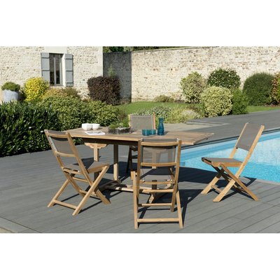 Salon de jardin bois de teck table de jardin extensible rectangulaire 120/180x90cm + 4 chaises pliantes textilène SUMMER PIER IMPORT