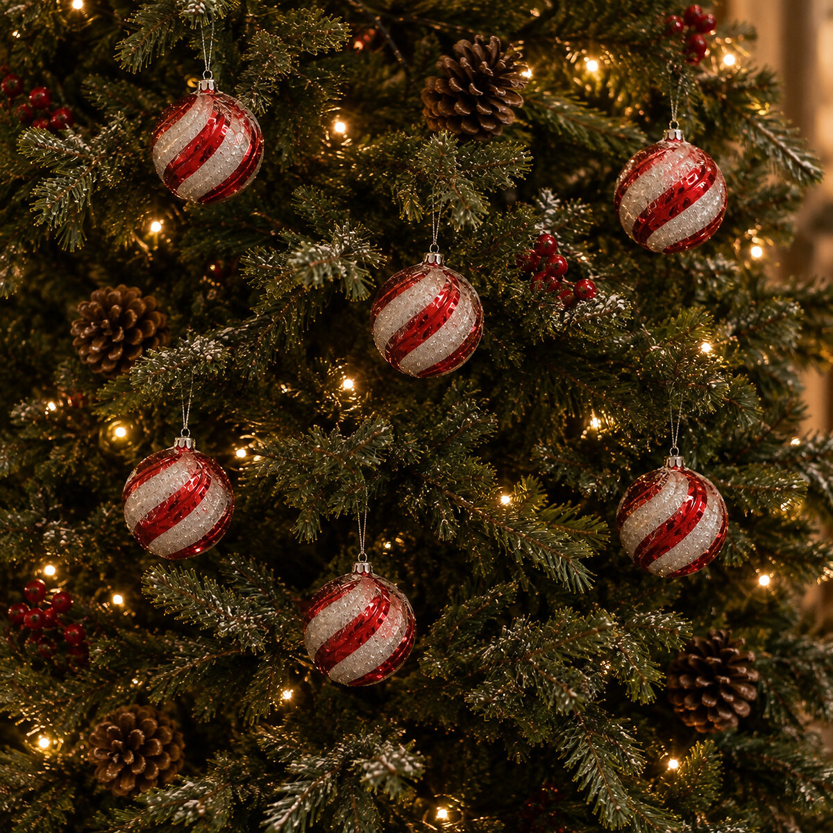 Set of 6 Red & White Stripe Baubles, SO'HOME