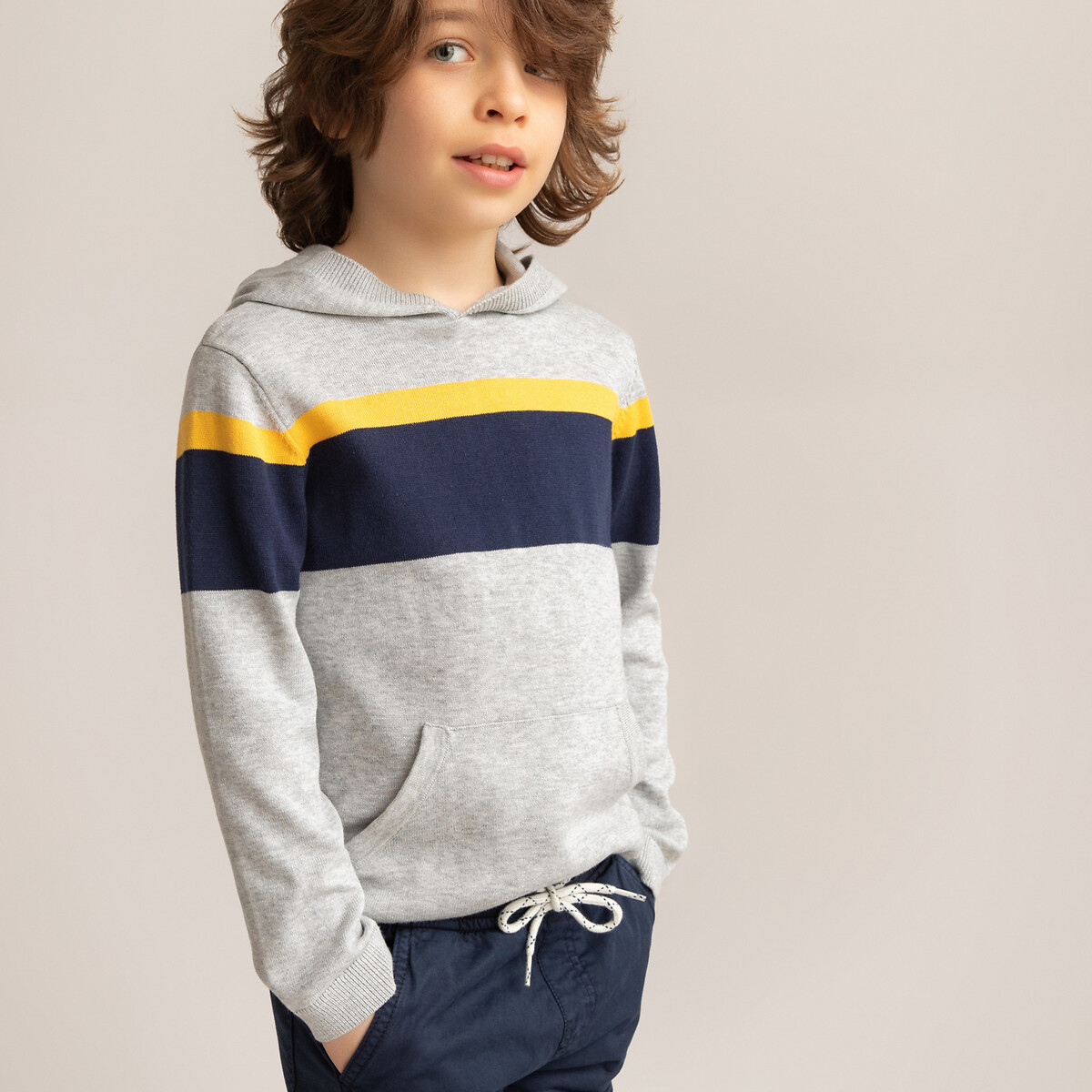 Striped Cotton Knitted Hoodie in Fine Knit, 3-12 Years