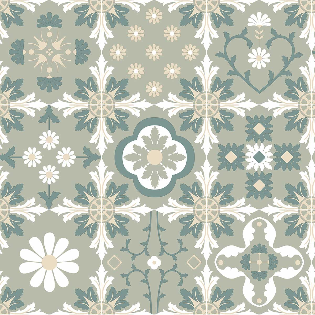 Papier peint carreaux rétro floraux, HEXOA