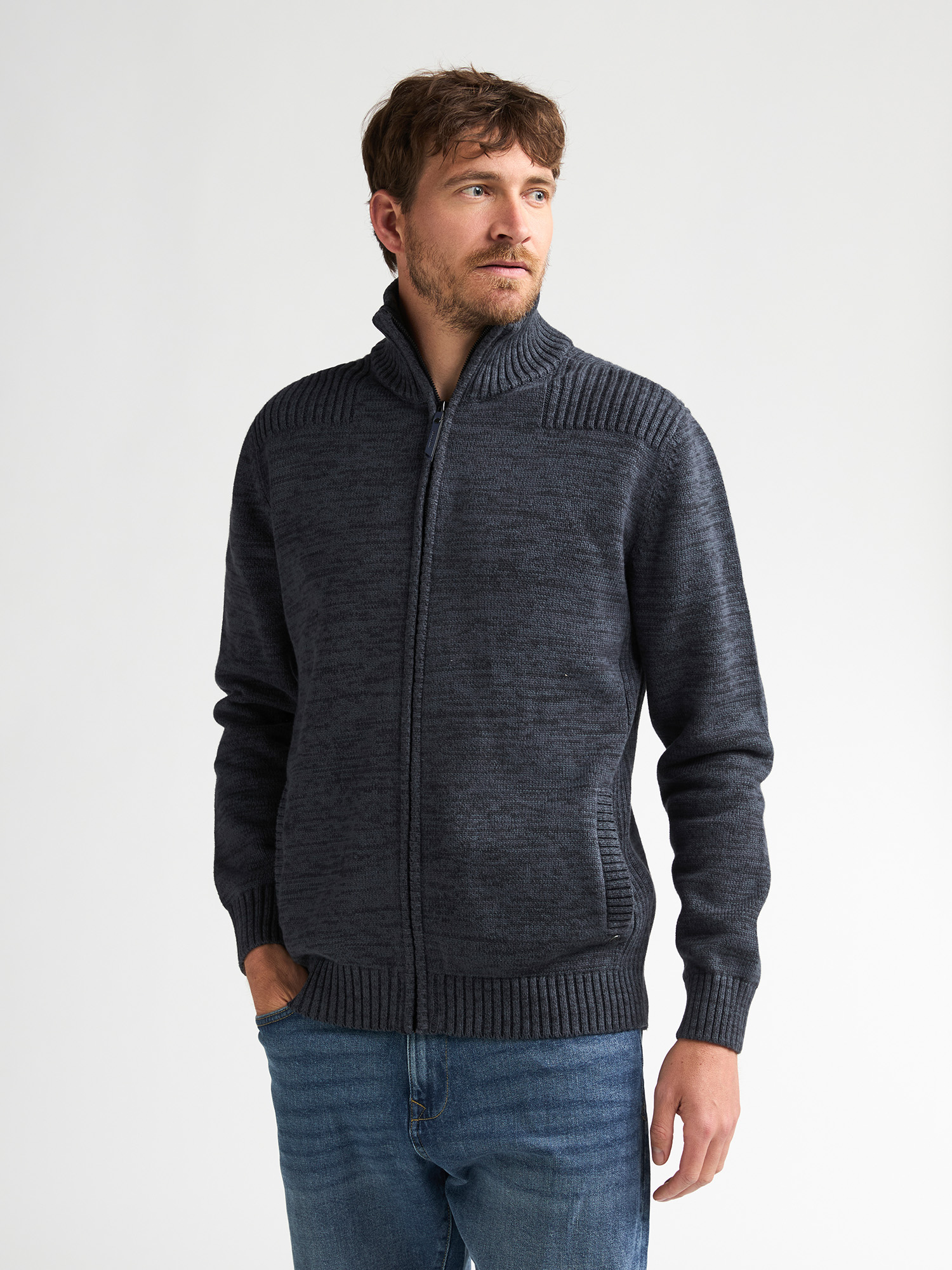 Pull Gilet zippé en coton chiné millford, PETROL INDUSTRIES