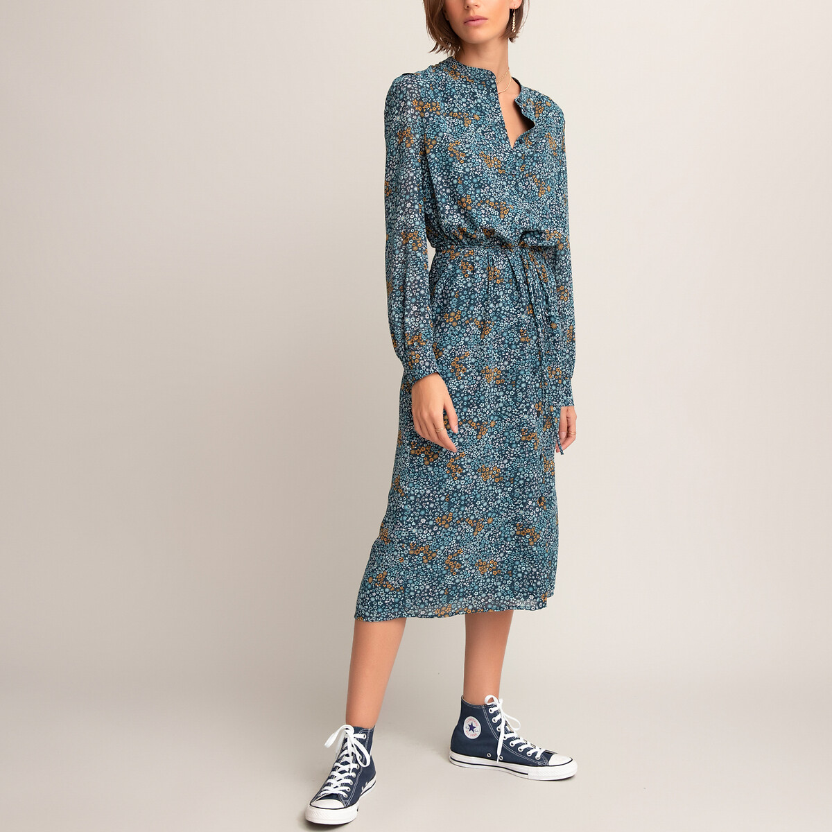 Recycled midi shirt dress in floral print with long sleeves , floral ...